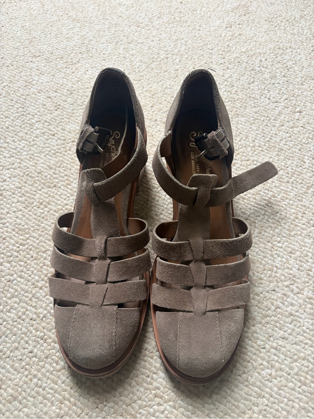 Seychelles Taupe Suede Strappy Platform Heels